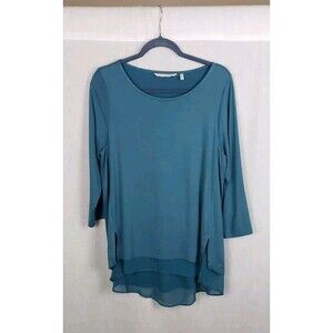 Soft Surroundings Tunic Top M Sheer‎ Ruffle Hem Slub Hunter Green Minimalist